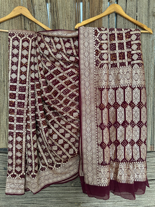 Burnt Maroon Handwoven Neem Zari Bareek Bandhani Saree with Khaddi Georgette with Meenakari Work  BS- 22