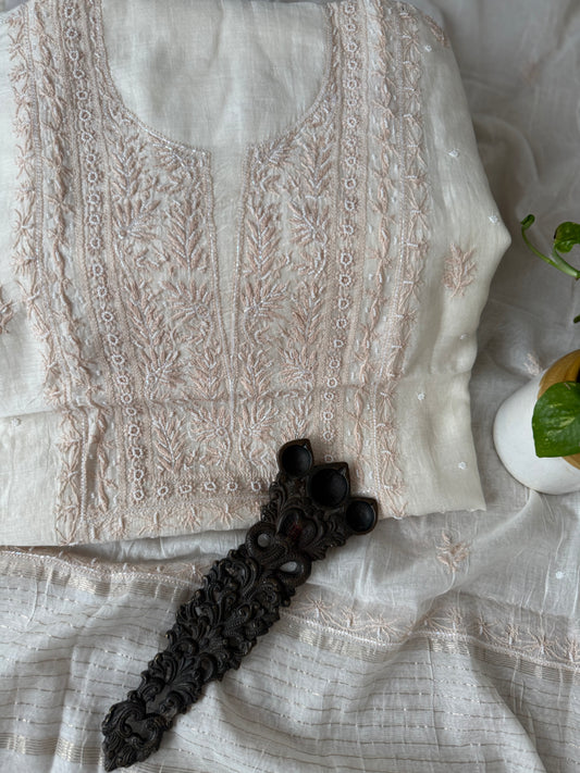 White embroidery premium mull chanderi lucknowi chickenkari with moti work hand embroidery three piece suit
