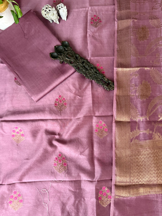 Rosewood Lavender Chanderi Handloom Banarsi Booti Three Piece Sui