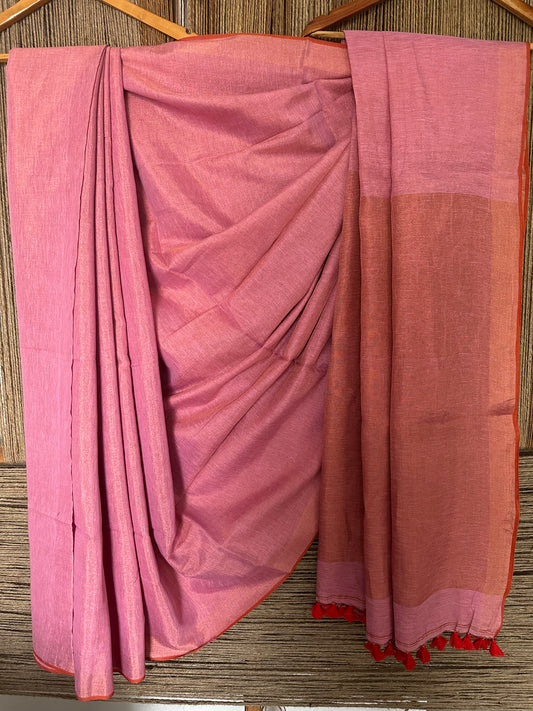 BLUSH PINK GOLD TISSUE LINEN ZARI SARI WITH WOVEN RED BORDER