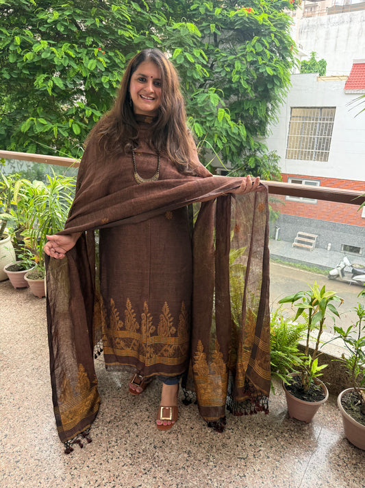 MOCHA BROWN LINEN ZARI JAMDANI HANDWOVEN KURTA SET
