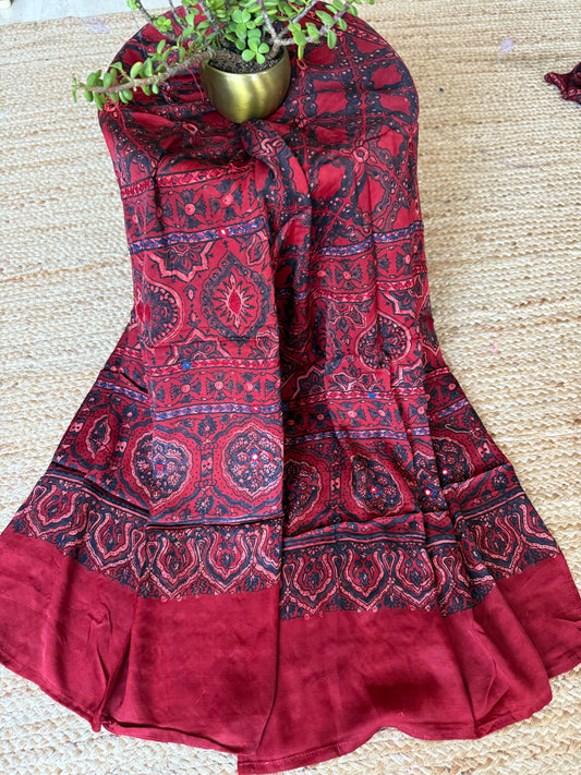 MAROON AJRAKH MODAL SILK STOLE WITH HAND EMBROIDERY MIRROR WORK