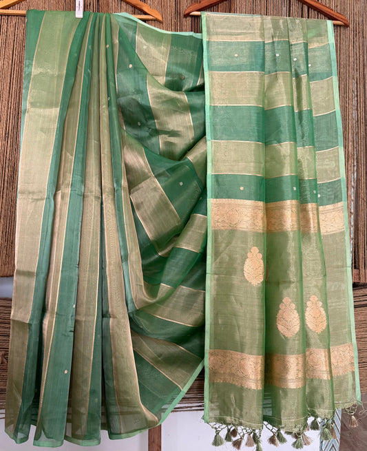Sea Green Kora Tissue silk certified  handloom banarsi sari with woven zari