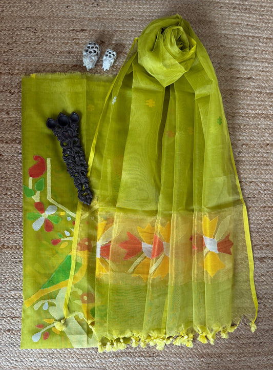 GREEN M&S HANDWOVEN JAMDANI PURE MUSLIN SILK KURTA SET MJK-102