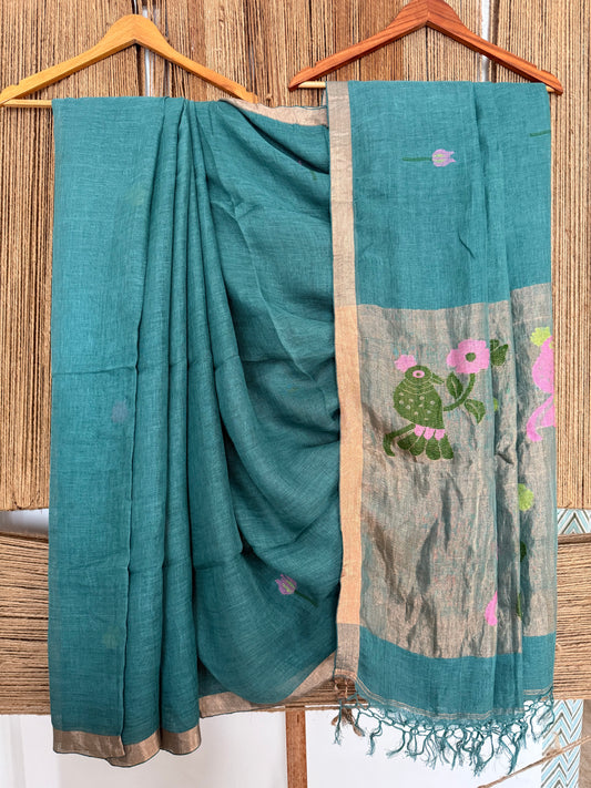 JADE GREEN HANDWOVEN JAYSHREE LINEN JAMDANI SARI