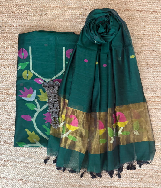 Pine Green handwoven jamdani pure cotton silk kurta set mjk-