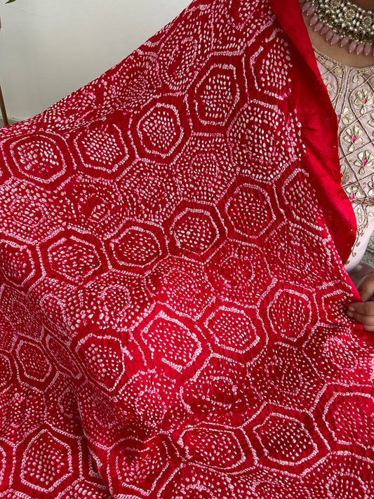 RED CHANDMUKHI RAI BANDHANI GAJJI SILK HANDWOVEN  DUPATTA