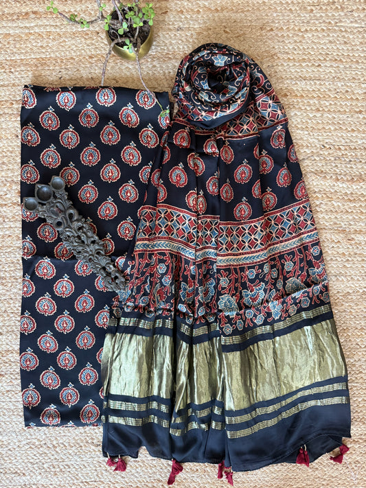 BLACK AJRAKH MODAL SILK HANDBLOCK KURTA SET