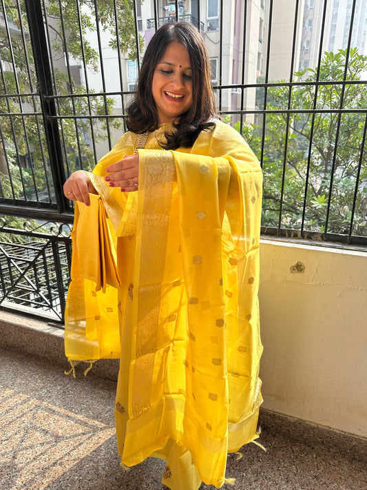 Mustard Yellow Chanderi handloom Banarsi Booti three piece suit