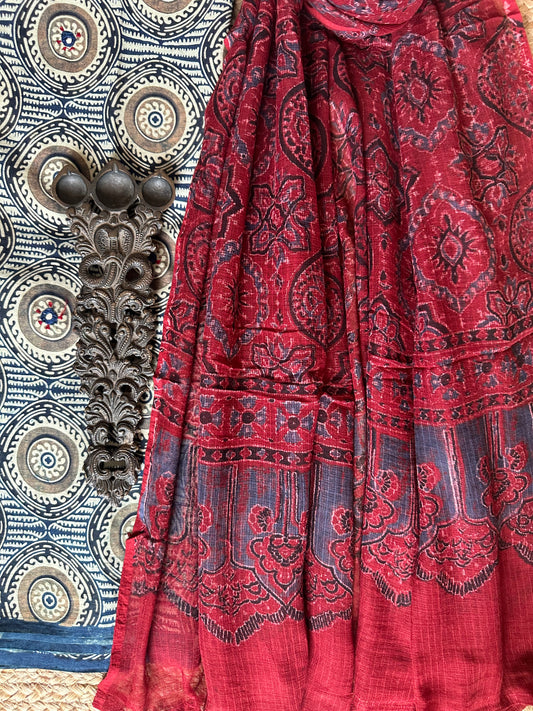 BLUE & BEIGE AJRAKH HANDBLOCK HAND EMBROIDERY KURTA WITH KOTA AJRAKH DUPATTA