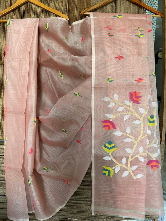 BLUSH PINKJAMDANI HANDWOVEN PURE MUSLIN SILK SARI