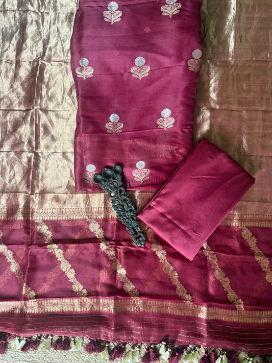 Deep Cheery Maroon kora silk certified handloom banarsi kadwa booti meenakari three piece suit