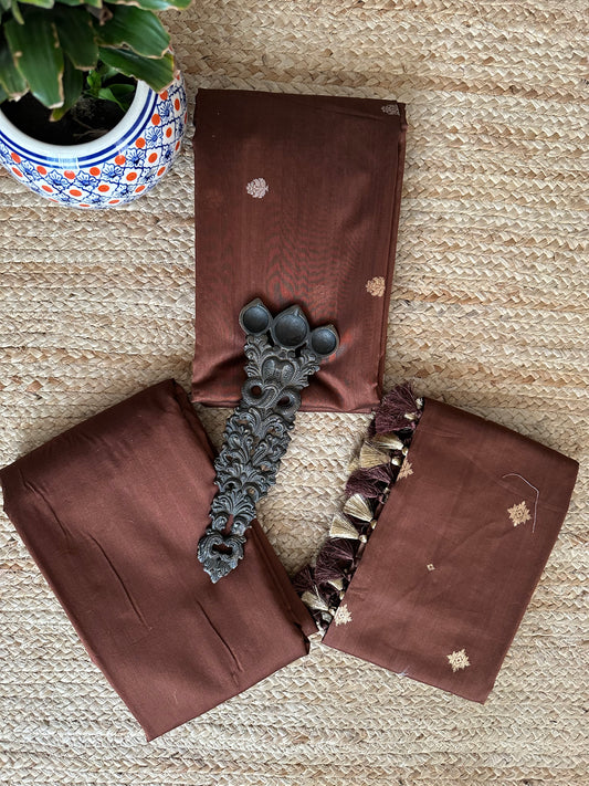 Cola Brown Katan silk certified handloom Banarsi Booti three piece suit