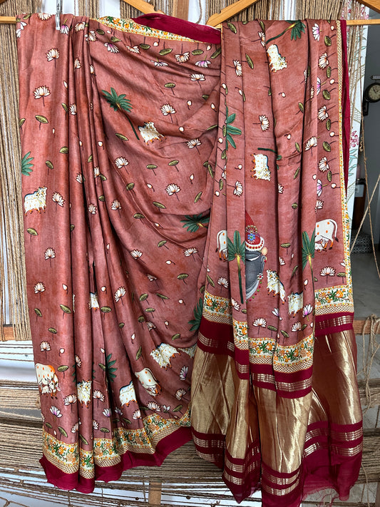 LIGHT BROWN PICHWAI MODAL SILK PRINT SARI WITH ZARI BORDER