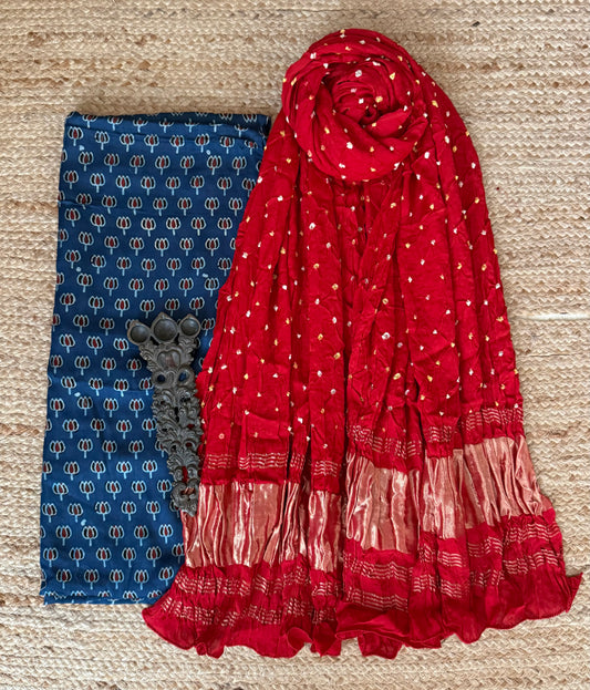 Prussian Blue ajrakh modal silk kurta with bandhani handcrafted modal silk dupatta