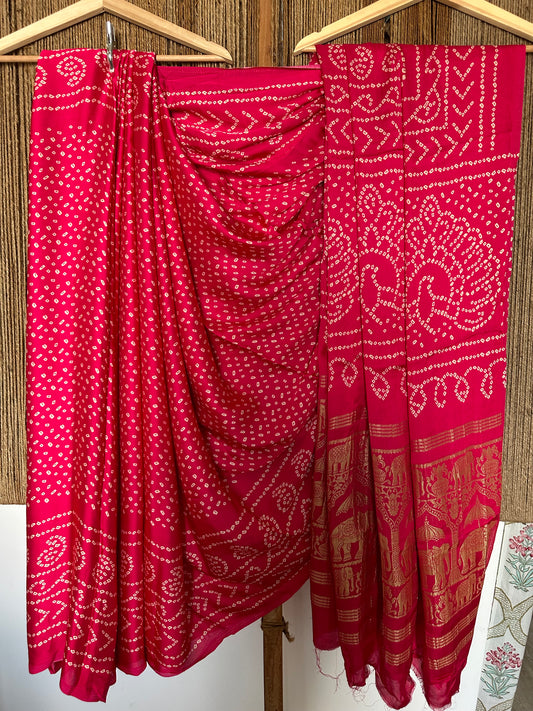 PINK BANDHANI  MODAL SILK PATOLA PRINT SARI WITH NAKSHI ZARI BORDER