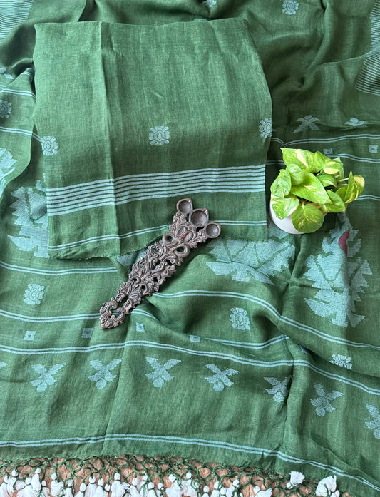 FERN GREEN PURE JAYSHREE  LINEN JAMDANI HANDWOVEN KURTA SET