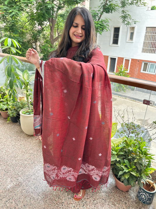VINTAGE MAROON WOVEN LINEN  KURTA SET LJS-1040