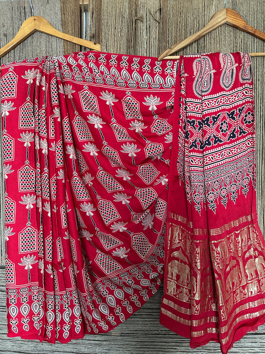 RED AJRAKH PRINT  MODAL SILK SARI WITH ZARI BORDER