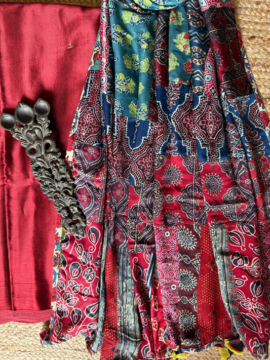 MAROON MASHRU SILK KURTA WITH AJRAKH PATCHWORK  HANDCRAFTED  MODAL SILK DUPATTA PWK-12