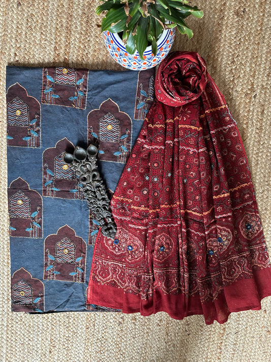 AEGEAN BLUE AJRAKH HANDBLOCK AND HAND EMBROIDERY KURTA WITH  AJRAKH HAND EMBROIDERY DUPATTA
