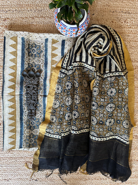 BEIGE LINEN AJRAKH SILK HANDBLOCK SUIT SET