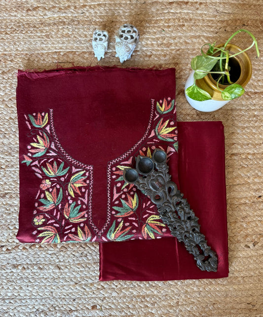 MAROON MASHRU SILK HAND EMBROIDERY KASHMIRI HANDEMBROIDERY SOZNI WORK CORD SET Cs- 30