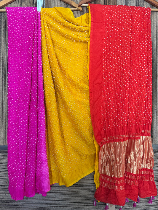 TRI COLOUR OMBRÉ SHADE GAJJI SILK RAI BANDHANI  SARI