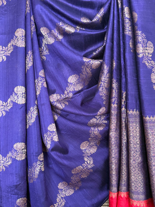 Indigo purple raw silk certified  handloom banarsi sari with woven zari