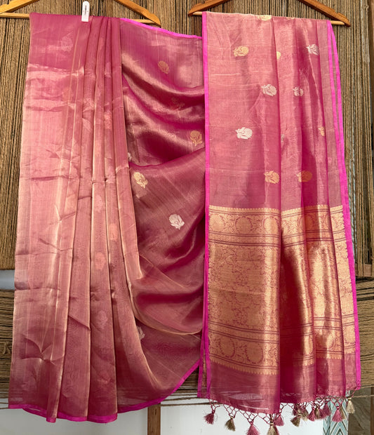 Fuscia Pink Kora Tissue silk certified  handloom banarsi sari with woven zari