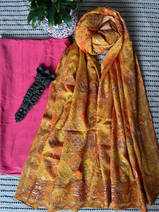 PINK MODAL SILK KURTA WITH VINTAGE SEQUENCE PRINT MODAL SILK DUPATTAS