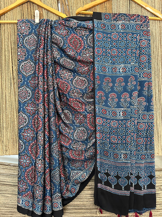 INDIGO  BADAM BUTTA AJRAKH MODAL SILK SARI WITH BORDER