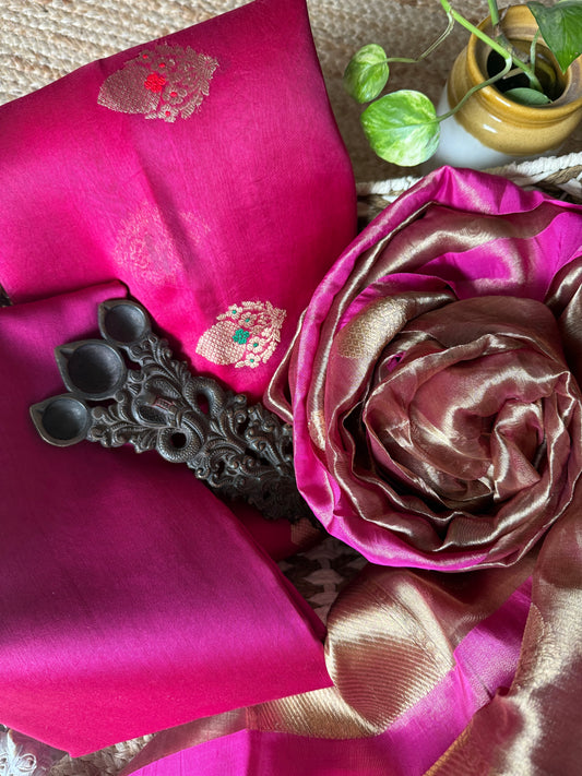 Bright pink minakari  kora silk certified handloom banarsi kadwa booti three piece suit