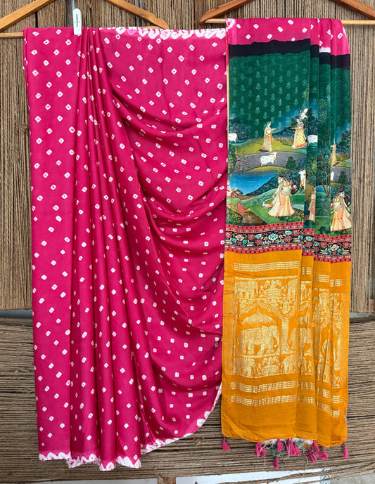 PINK & YELLOW MODAL SILK BANDHANI  SARI WITH PICHWAI PRINT BPS 41