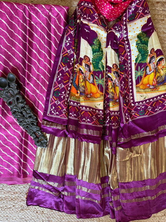 MAGENTA PURPLE LEHERIYA MASHRU SILK KURTA WITH PATOLA HANDCRAFTED MODAL SILK DUPATTA
