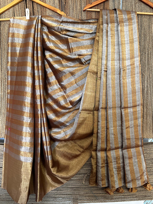GREY & OLD YELLOW CHANDERI TISSUE WEAVE SILK HANDLOOM SARI WITH BANARSI BLOUSE