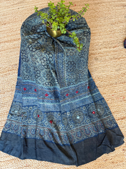 BLUE AJRAKH MODAL SILK STOLE WITH HAND EMBROIDERY MIRROR WORK