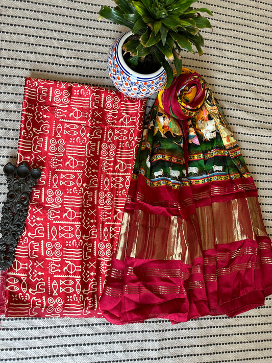 RED MASHRU  SILK KURTA WITH PICHWAI MODAL SILK DUPATTAS