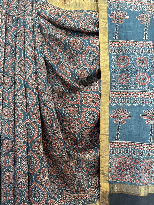 BLUE NATURAL DYE HANDCRAFTED HANDBLOCK AJRAKH LINEN SILK SARI