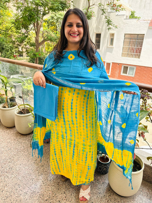 FIROZI YELLOW LINEN COTTON HANDBLOCK SUIT SET