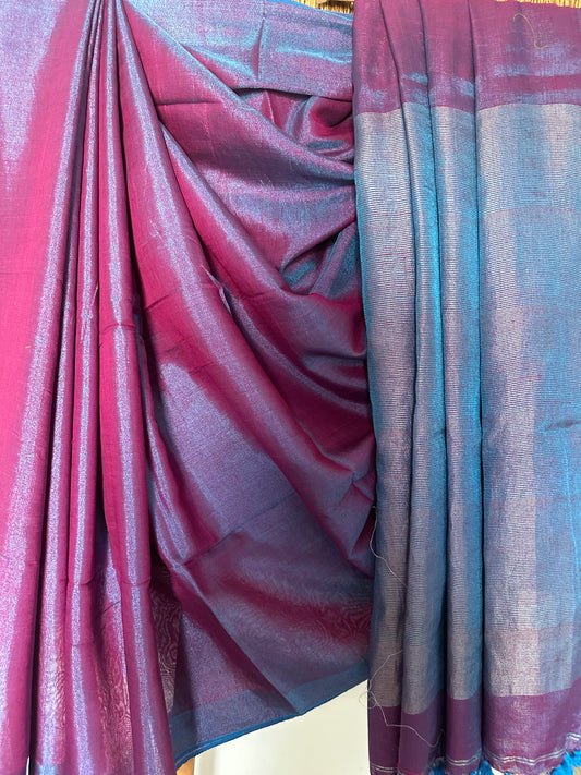 PURPLE BLUE SILVER  TISSUE LINEN ZARI SARI WITH WOVEN RED BORDER