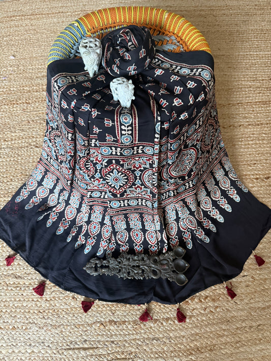 BLACK AJRAKH MODAL SILK  HANDCRAFTED STOLE