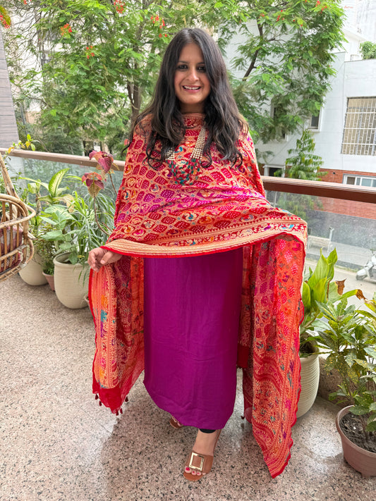 Purple and red purple ombré shade Handwoven Bareek Bandhani Meena kari Jaal   in Premium Georgette kurta Set