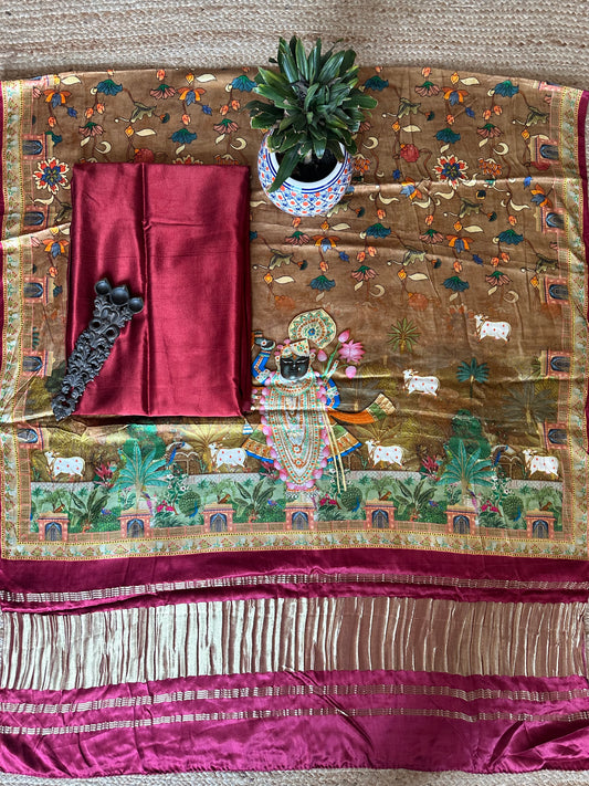 MAROON MASHRU  PATOLA PICHWAI MASHRU  SILK KURTA WITH  HANDCRAFTED MODAL SILK DUPATTA