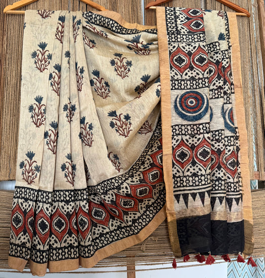 BEIGE NATURAL DYE HANDCRAFTED HANDBLOCK AJRAKH LINEN SILK SARI