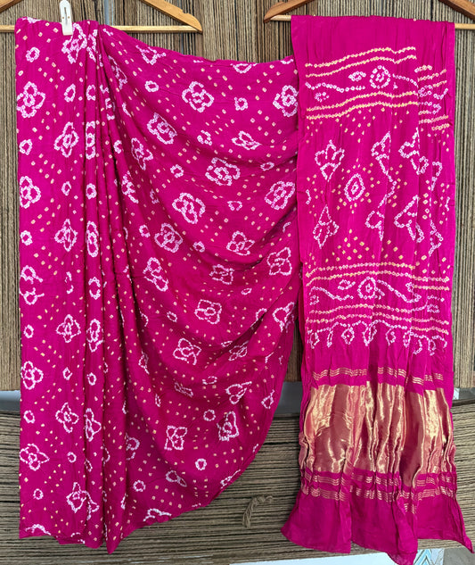 Fuchsia pink gajji silk rai bandhani  sari