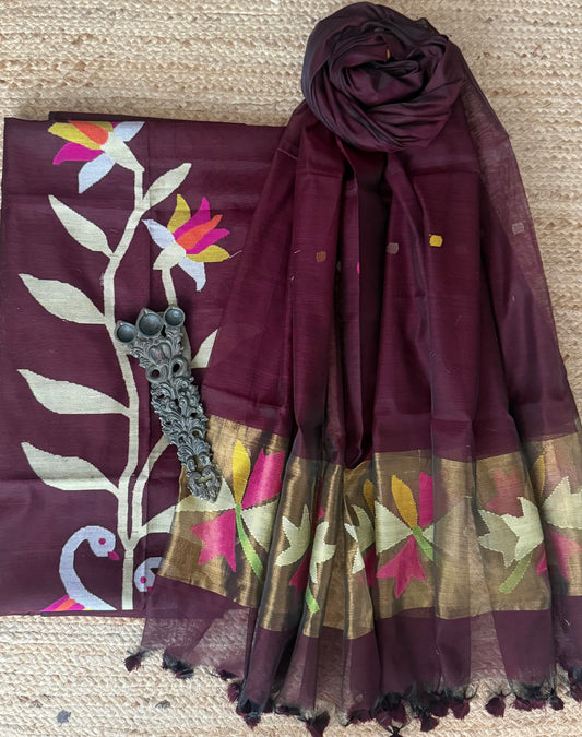 Burnt maroon handwoven jamdani pure cotton silk kurta set mjk-