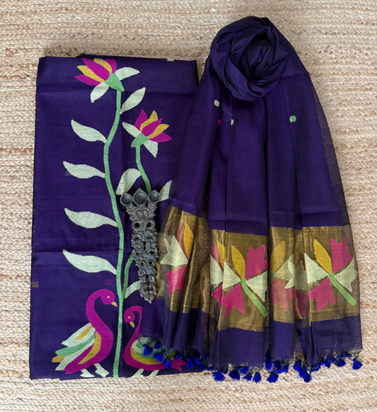 Plum Purple handwoven jamdani pure cotton silk kurta set mjk