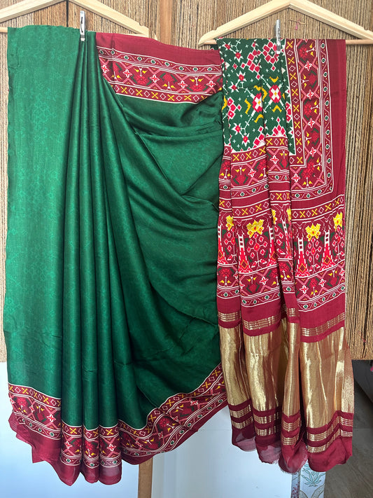 GREEN  MODAL SILK PATOLA PRINT SARI WITH ZARI BORDER