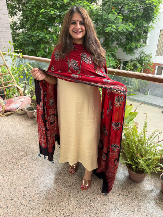 Beige Modal Silk Kurta With Maroon Ajrakh Handcrafted Mirror Work Modal Silk Dupatta